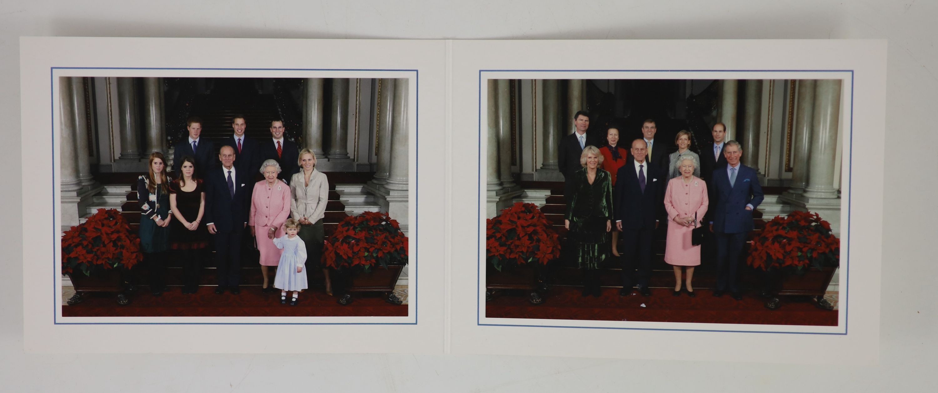 Elizabeth II, Queen of England, Philip, Prince, Duke of Edinburgh - a collection of 9 colour photographs, sent as Christmas cards, for the years 2003, 2005-06, 2008 and 2014, portraying and signed by the Queen and the Du